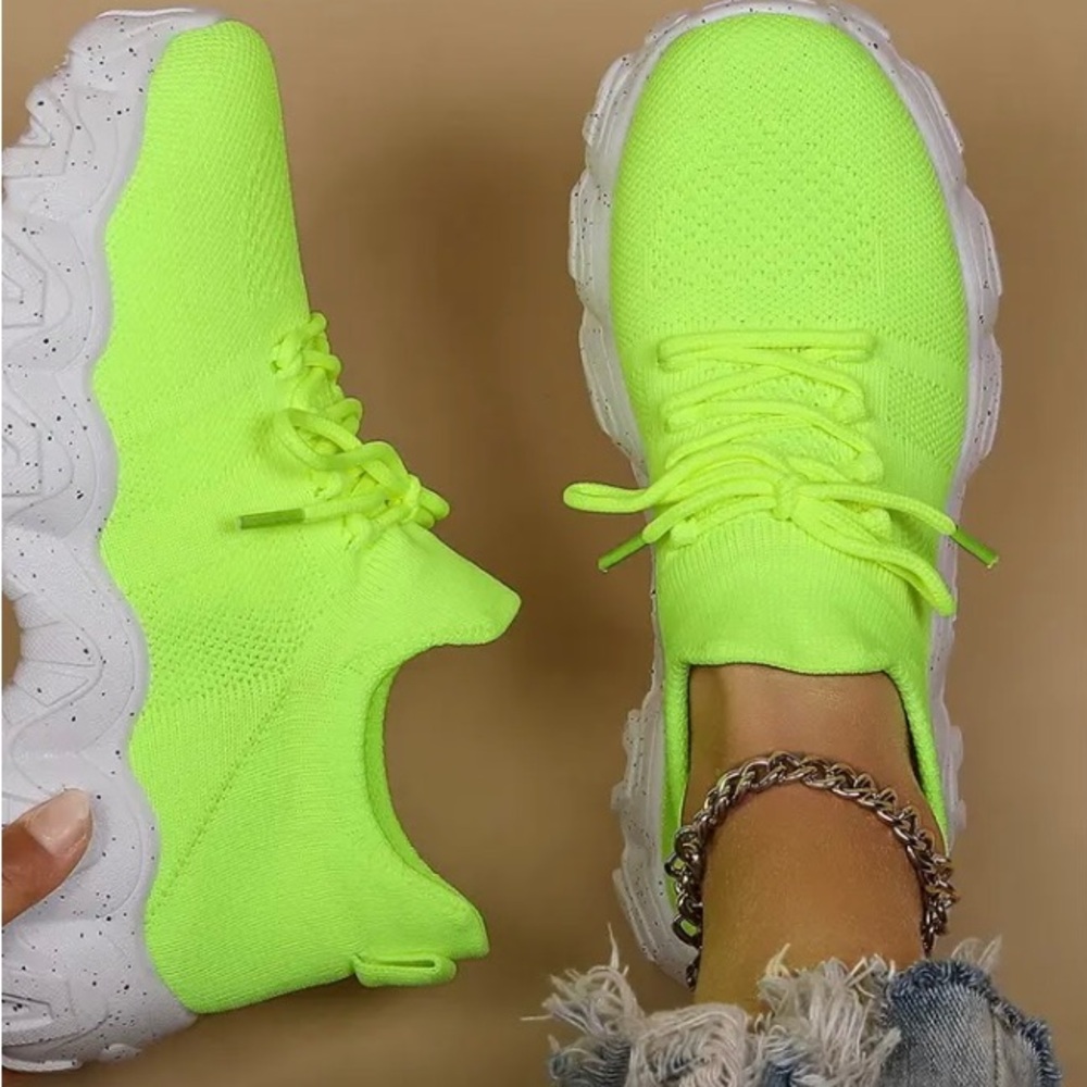 Green Chunky Platform Sneakers with Neon Appeal - Picture 3 of 6